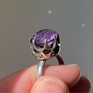 Vintage Taxco Mexico 925 Silver Purple Alexandrite? Crown Statement Ring size 6